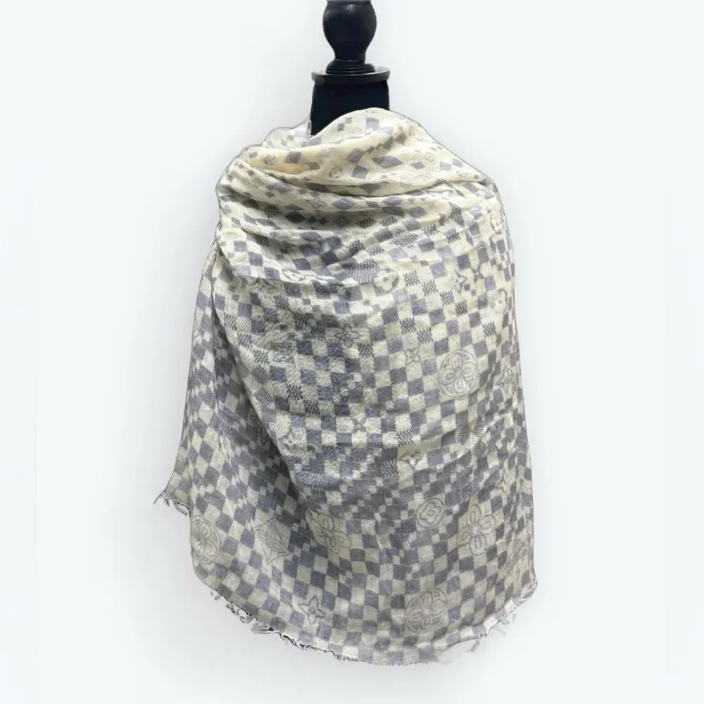 Auth Louis Vuitton Damier Azur Semi Sheer Cashmere / Silk Shawl Stole Wrap Scarf